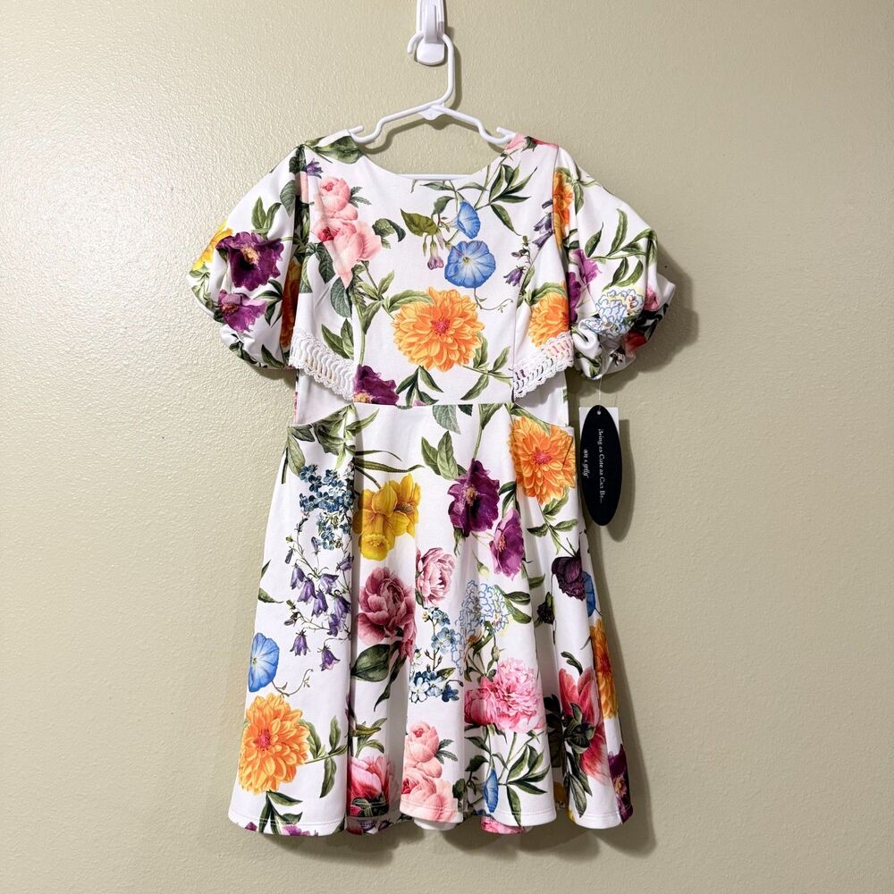 Ava & Yelly Big Girls Vivid Floral Puff Sleeve Skater Dress Size 8 NWT